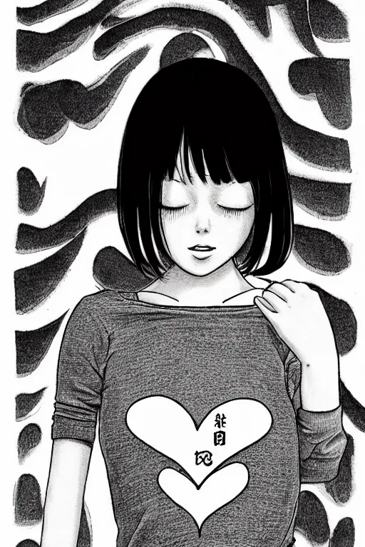 Prompt: portrait of a girl in long pants and a top, hands in pockets, eyes closed, red heart shaped tattoo on the right hand, bob haircut, digital art, black and white, detailed illustration by junji ito and kaoru mori