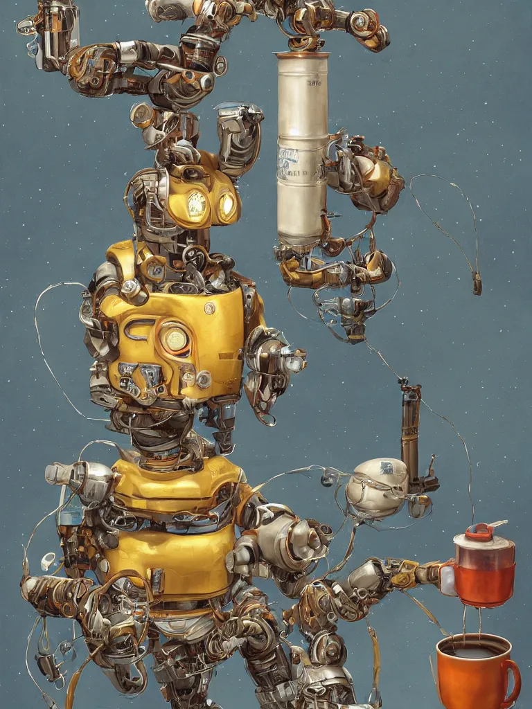 Image similar to half-length portrait of my friendly empatic robot greets my twitter friends with a fresh cup of hot coffee, by Simon Stalenhaag, by Yoshitaka Amano, by Esao Andrews, sharp focus, fresh colors, deviantart,