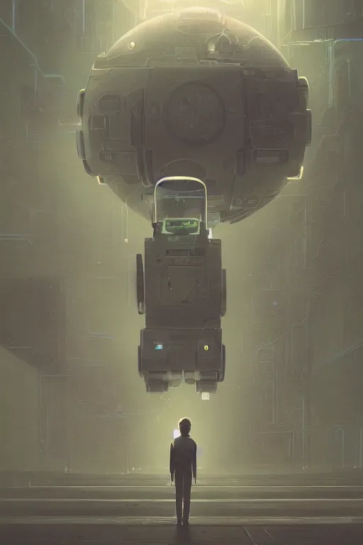 Image similar to A small person standing before a giant michanical robot by Greg Rutkowski, beeple, Sung Choi, Mitchell Mohrhauser, Maciej Kuciara, Johnson Ting, Maxim Verehin, Peter Konig, final fantasy, macro lens, 35mm, 8k photorealistic, cinematic lighting, HD, high details, dramatic, dark atmosphere, trending on artstation