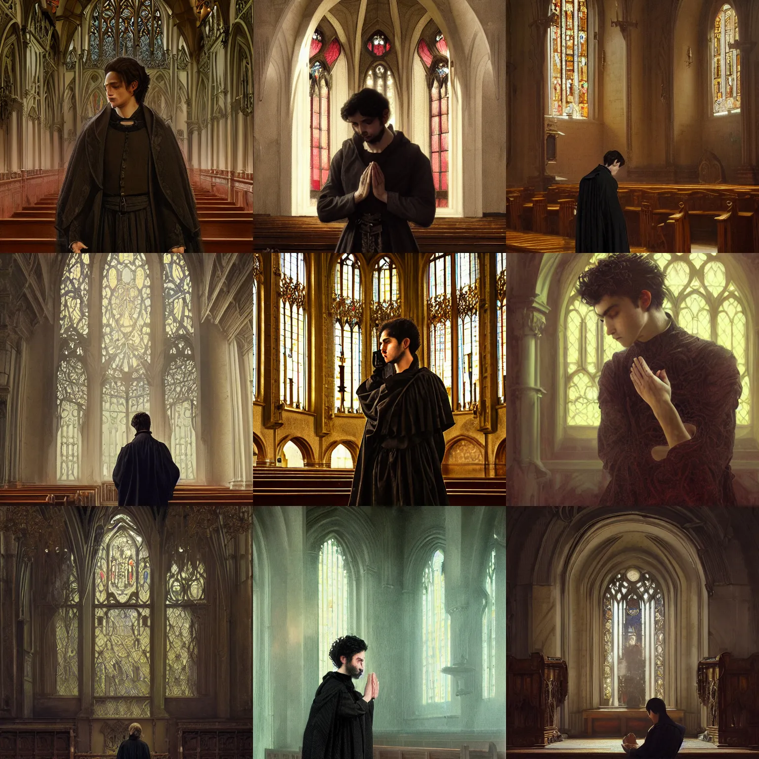 Prompt: portrait of man praying in church, young, male, short curly hair, gothic, romantic era garb, intricate, brooding, ethereal, semi - realistic, highly detailed, cinematic lighting, digital painting, greg rutkowski, alphonse mucha, zhang han, bayard wu, valentina remenar, 8 k