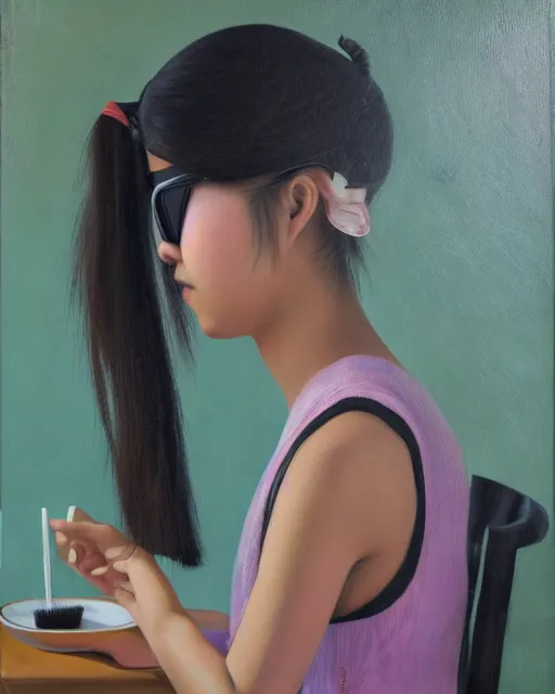 Image similar to a gen z teenage asian girl sitting at a small table, hand combing the hair, wearing vr googles, aged desaturated oil painting by mai trung thu