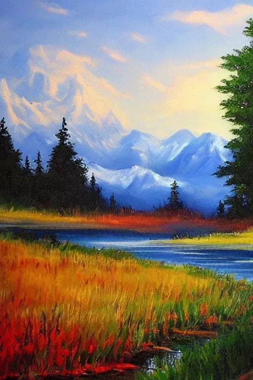 Image similar to a beautiful bob ross landscape painting