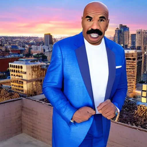 Prompt: Steve Harvey with blue skin, city rooftop at sunset