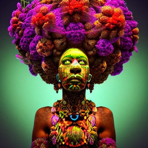 Image similar to an african marijuanna shaman with an afro made of flowers, third eye art art by machina infinitum, complexity from simplicity, rendered in octane, mandelbulb 3 d, ambient occlusion, macro photography, felt!!! texture, tribal, neon! retrowave