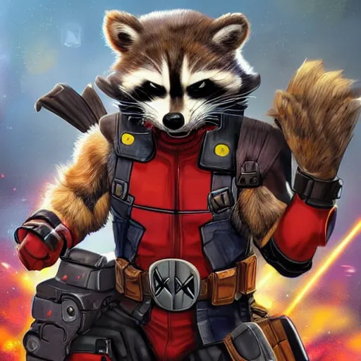 Prompt: rocket raccoon on deadpool ’ s back digital art 4 k detailed super realistic