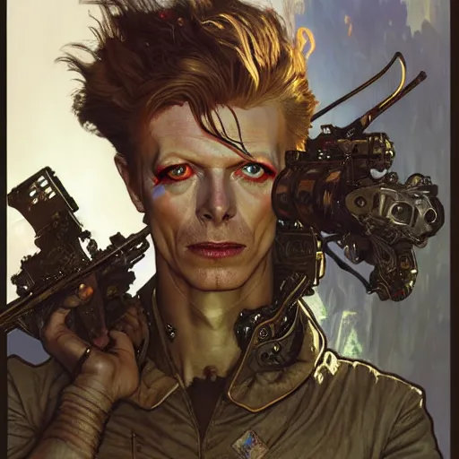 Image similar to post apocalyptic david bowie, fantasy, d & d, intricate, detailed, by by alphonse mucha, adolfo hohenstein, alice russell glenny, stanley artgerm lau, greg rutkowski, detailed, trending on artstation, trending on artstation, smooth