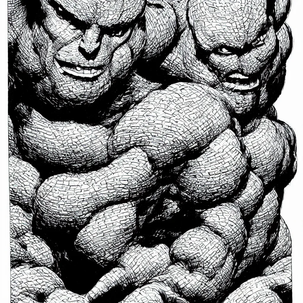 Image similar to A dramatic close-up portrait of Ben Grimm The Thing as illustrated by Jack Kirby, highly detailed, 8k, sparse dark atmosphere, perfect pen and ink line art, large hulking figure, highly hyperdetailed and precisely inked, perfect facial symmetry, futuristic, cosmic, full color Marvel Comics 1968, Fantastic Four, dim lights, high technical detail