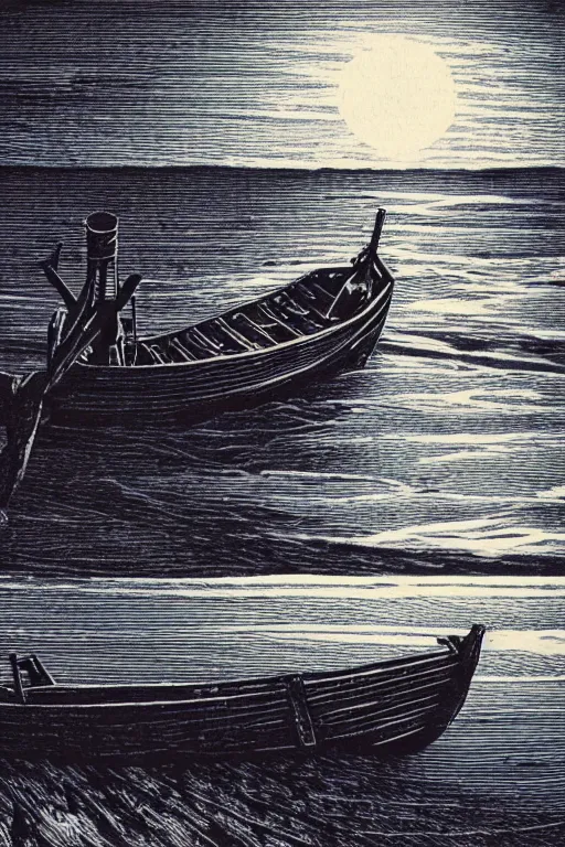 Prompt: a beautiful woodcut print of an old wooden fishing boat, 8 k, frostbite 3 engine, cryengine, dof, trending on artstation, digital art, crepuscular ray, art by roy l davies and tugboat printshop