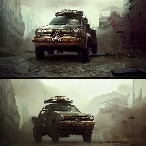 Prompt: a highly detailed epic cinematic concept art CG render digital painting artwork: dieselpunk patrol car. By Greg Rutkowski, Ilya Kuvshinov, WLOP, Stanley Artgerm Lau, Ruan Jia and Fenghua Zhong, trending on ArtStation, subtle muted cinematic colors, made in Maya, Blender and Photoshop, octane render, excellent composition, cinematic atmosphere, dynamic dramatic cinematic lighting, precise correct anatomy, aesthetic, very inspirational, arthouse