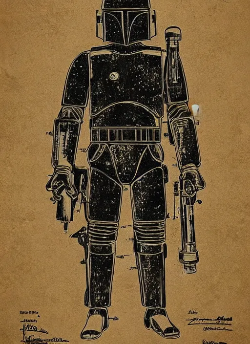 Image similar to vintage patent drawing of a kenner boba fett action figure by leonardo davinci, illustrations, intricate writing, concept art, labels, highly detailed