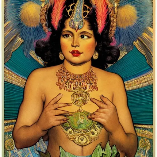 Prompt: portrait of a Chibcha gold goddess by Kowalski and Heckel and Ríos and Rutkowski and Mucha and Brom and Miller and Botero and Dalí and El Greco and Gutiérrez