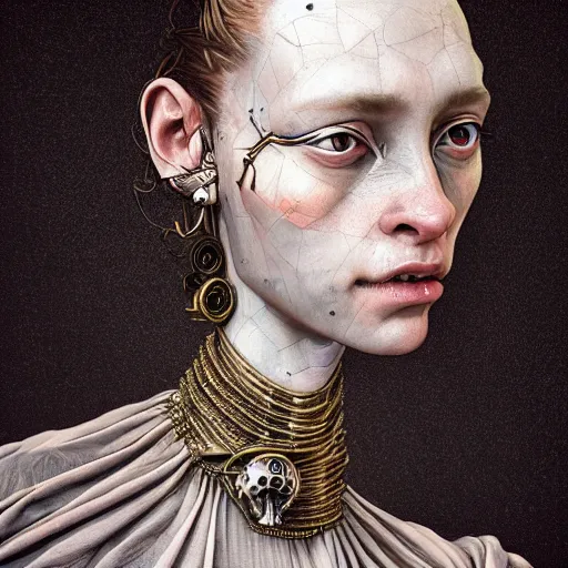 Prompt: Colour Caravaggio style Photography of Beautiful woman with highly detailed 1000 years old face wearing highly detailed sci-fi Necklace designed by Josan Gonzalez. Many details . In style of Josan Gonzalez and Mike Winkelmann and andgreg rutkowski and alphonse muchaand and Caspar David Friedrich and Stephen Hickman and James Gurney and Hiromasa Ogura. Rendered in Blender and Octane Render volumetric natural light