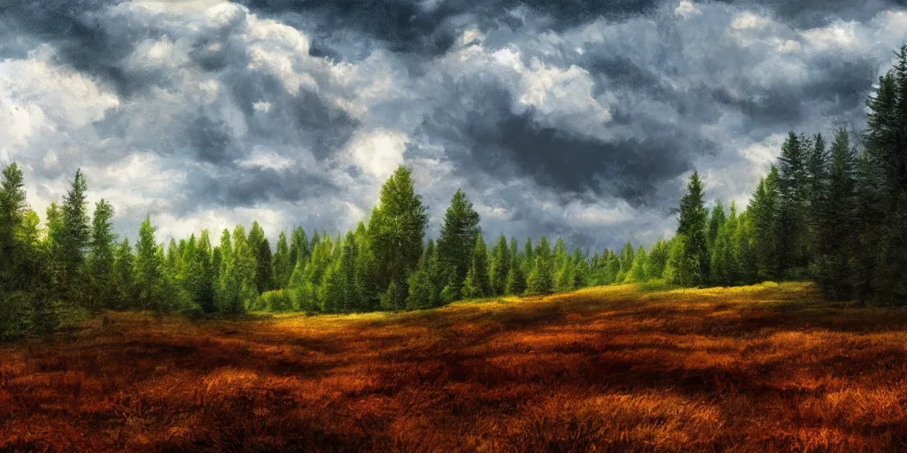 Image similar to Forest in the style of Roch Andreas, cinematic, 4k ,35mm, photorealism, clouds, painting