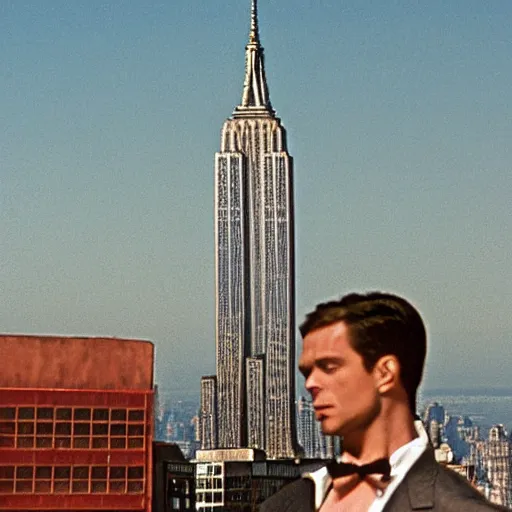 Image similar to sahara sand destroying empire state building, in american psycho ( 1 9 9 9 )