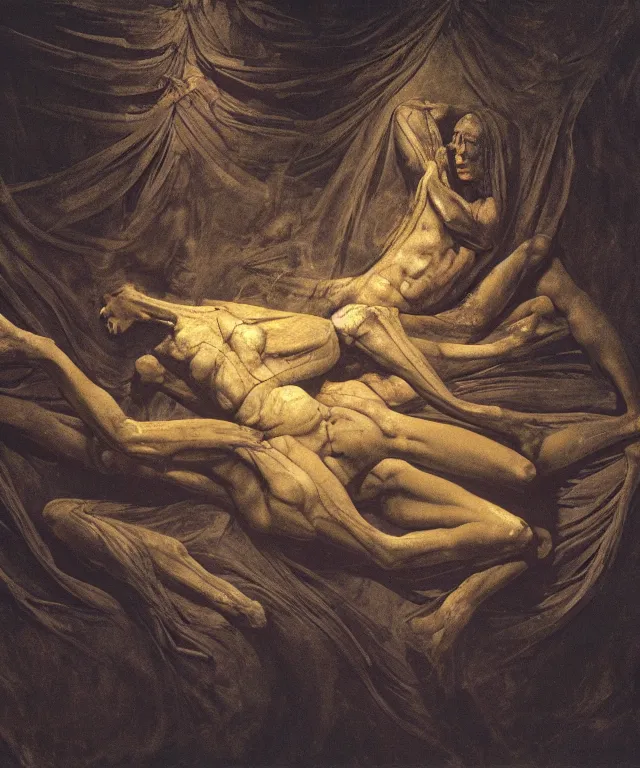 Image similar to The dark room without doors and windows with beautiful full-body wax sculpture of the glowing transparent woman with visible golden bones inside her in the singularity where stars becoming baroque folds of dark matter by Michelangelo da Caravaggio, Nicola Samori, William Blake, Alex Grey and Beksinski, dramatic volumetric lighting, super detailed oil painting, 8k, masterpiece