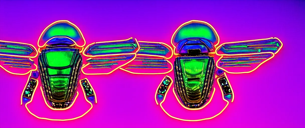 Image similar to high quality photo glowy iridescent cyborg scarab! jeweled very pretty! highly detailed digital art david ligare elson peter cinematic purple neon lighting high quality low angle hd 8k sharp shallow depth of field