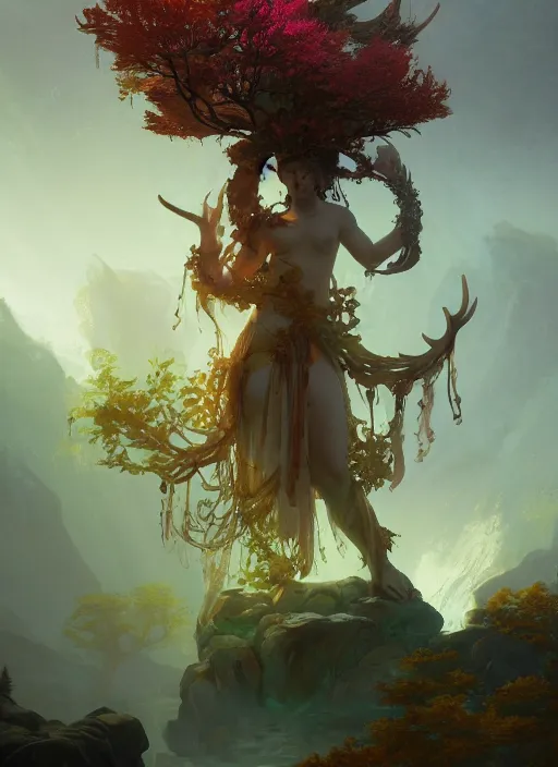 Image similar to Gigantic Stone Deity with a halo made of fluorescent mushrooms and antlers, flowing robes and translucent leaves, extremly detailed digital painting, in the style of Fenghua Zhong and Ruan Jia and jeremy lipking and Peter Mohrbacher, mystical colors, rim light, beautiful lighting, 8k, stunning scene, raytracing, octane, trending on artstation