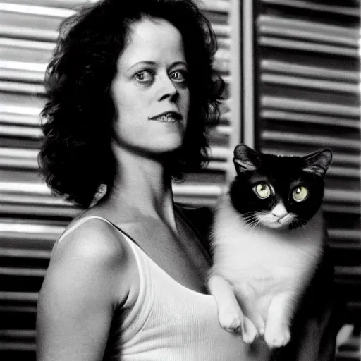 Image similar to detailed professional photographic portrait of young Sigourney Weaver wearing a white singlet and her cat moving apartment New York City 1983, building entrance way Art Deco,, cinematic feel, high octane