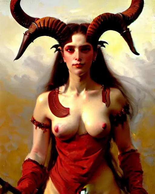 Image similar to painted close - up portrait of an attractive red - skinned intimidating demon girl with ram horns. oil painting, wearing a noblewoman's outfit, fantasy art by greg rutkowski and john singer sargent and gaston bussiere, demon noble character design