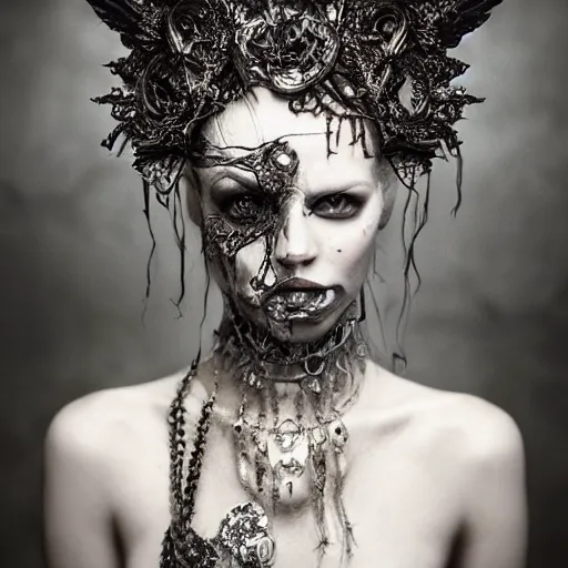 Image similar to a portrait of female model by stefan geselle and nekro borja, photorealistic, intricate details, hyper realistic, dark fantasy, ornate headpiece, dark beauty, photorealistic, canon r 3, photography, wide shot, photography, dark beauty