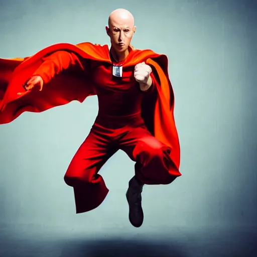 Image similar to One Punch man, action photograph, charging up a red fiery punch, bald man, serious face , long flowing cape, yellow jumpsuit