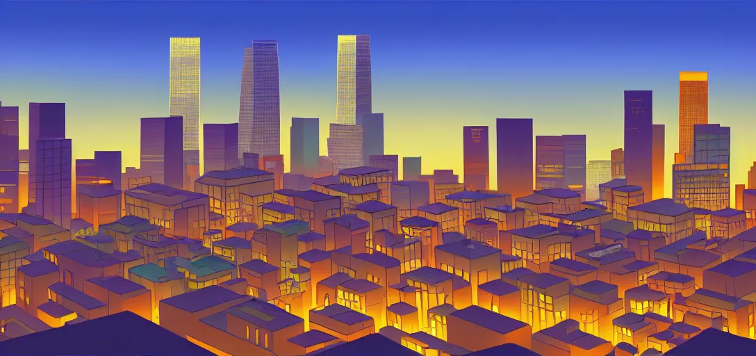 Prompt: los angeles cityscape, visual development by lou romano and dice tsutsumi, evening, pixar, dynamic lighting