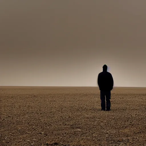 Image similar to a lonely man standing on a deserted planet, dreary, head down, smokey, blur, ambient lighting, photograph,