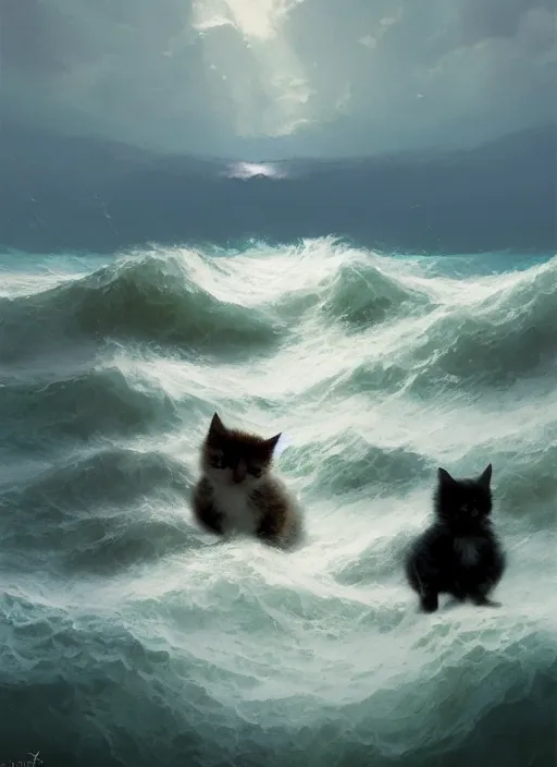 Image similar to rough sea with water made of fluffy kittens waves made of fluffy kittens Mandelbrot fractal by Craig Mullins, ilya kuvshinov, krenz cushart, artgerm trending on artstation by Edward Hopper and Dan Mumford and WLOP and Rutkovsky, Unreal Engine 5, Lumen, Nanite, low poly
