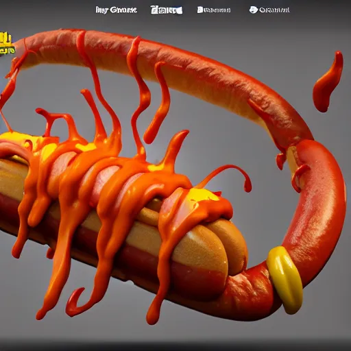 Prompt: a giant hotdog demon spiting spicy mustard. eldenring boss, zbrush, arnold render, unrealengine 5, dark souls, horror, extremely detailed