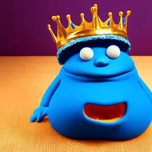 Image similar to blue blob character drooling while looking at the camera, wearing a golden crown, clay animation