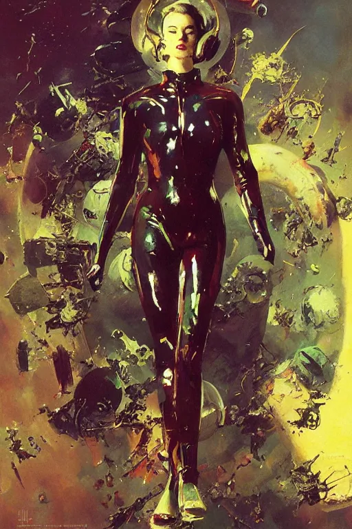 Image similar to pulp scifi fantasy illustration full body portrait of elegant woman wearing latex spacesuit, by norman rockwell, jack kirby, john berkey, bergey, craig mullins, ruan jia, raymond swanland, jeremy mann, beksinski, tom lovell, rodney matthews