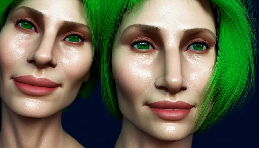 Image similar to headshot portrait, woman, eighties look, smiling, cute nose, green eays, a tear on his cheek, ultra realistic, hyperrealism, perfect faces, fine details, by brom, by gerald, 4 k, octane render, unreal engine