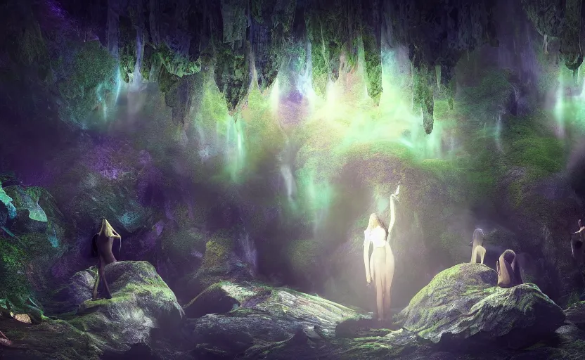 Image similar to a beautiful and stunning professional digital artwork of women worshipping god in cave, haze, spores floating in the air, waterfall, volumetric lighting, hyperrealistic, rtx on, ultra detail