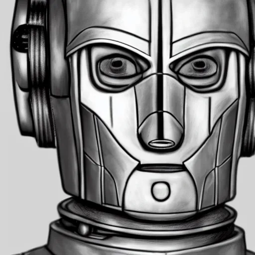 Image similar to close up realistic cyberman with half of his mask broken off showing david tennant pencil sketch cinematic lighting, render, fantasy