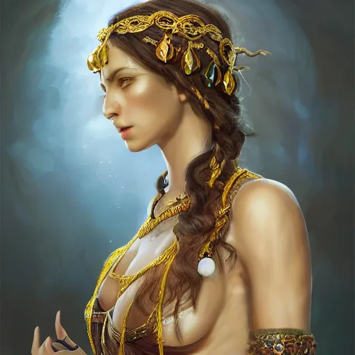 Prompt: character design, medieval, a woman with long dark curly hair and white eyes, she is adorned in jewels, belly dancer, stoic, brown skin, alone dramatic, epic painting, painted by wlop and nixeu, cgsociety, beautiful, semirealism, artbreeder, artstation, volumetric light, octane render, sharpness, 8 k, golden ratio