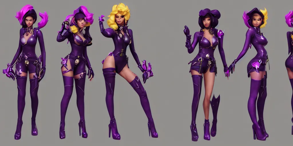 Image similar to character sheet of beautiful KDA More LeBlanc (wild rift). 3d render, octane render, realistic, highly detailed, trending on artstation, 4k, trending on artstation, pixar, cgsociety, unreal engine 5, redshift render, trending on artstation, blender, behance, cg