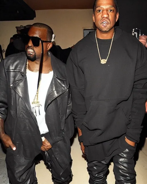 Image similar to paparazzi sneak photo of Kanye West wearing all black clothes in the studio with Jay-Z, the studio has dark lighting, the photo was taken in a iPhone 11, Kanye West and Jay-Z are not aware they are being filmed so they are not looking to the camera