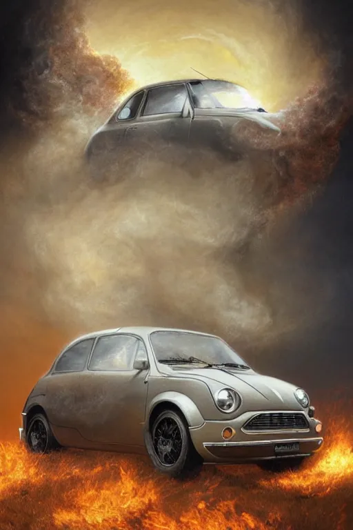 Image similar to Intricate stunning highly detailed Fiat 600R built in Spain, White color, digital painting by agostino arrivabene and Vladimir Kush, surreal, ultra realistic, Horror vacui, dramatic lighting, full moon, thick black swirling smoke tornado, burning fire embers, artstation