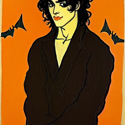 Image similar to painting of young cute handsome beautiful dark medium wavy hair man in his 2 0 s named shadow taehyung at the halloween pumpkin jack o'lantern party, depressed, melancholy, autumn, japan, elegant, clear, painting, stylized, delicate, soft facial features, delicate facial features, soft art, art by alphonse mucha, vincent van gogh, egon schiele