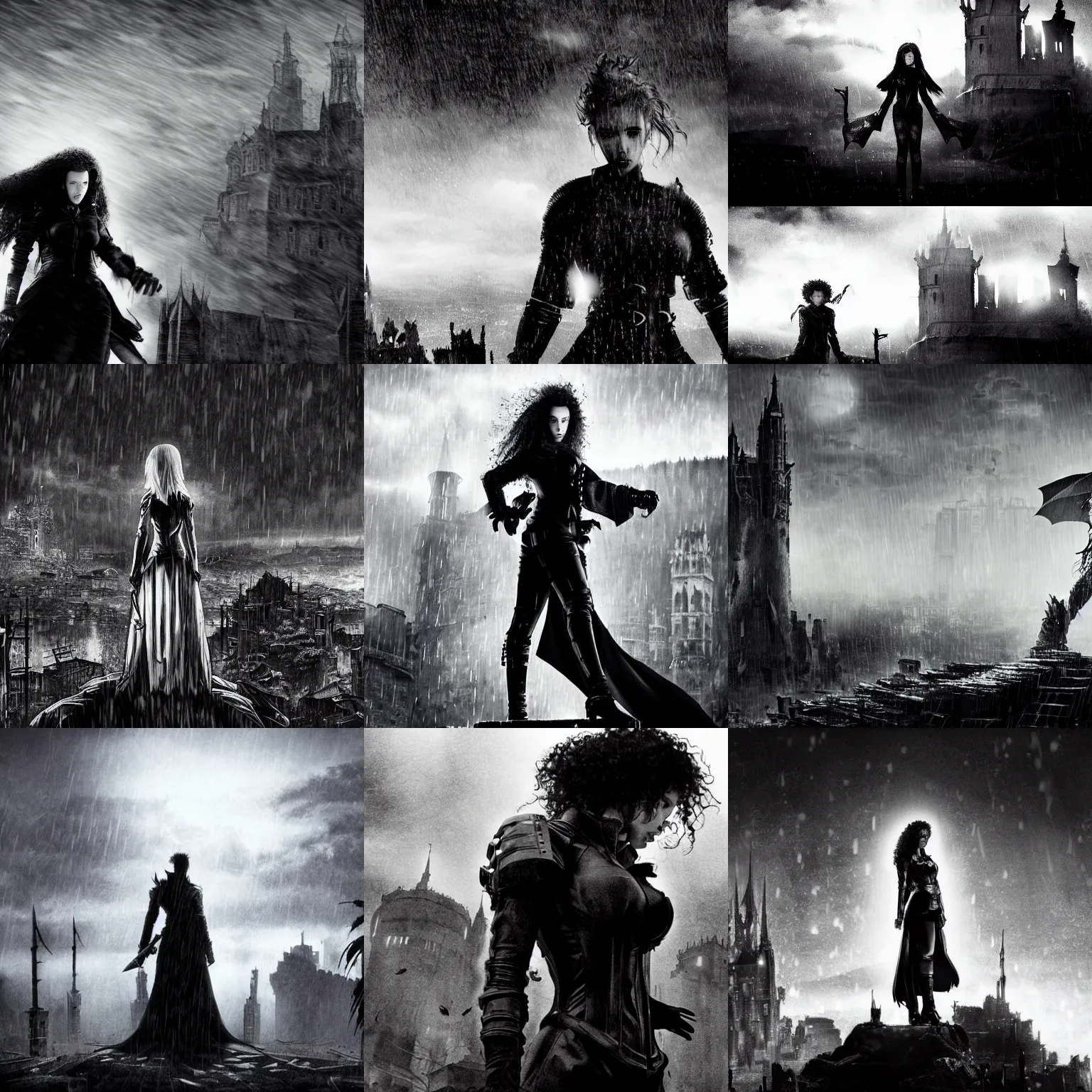 Prompt: black and white, scarlett johansson as a vampire, wearing rain soaked armour in the pouring rain, afro samurai manga style, pencil and ink, full body camera pose, stand atop a gothic castle looking down over a post apocalyptic city, at night with dramatic moonlight, cinematic effects vfx, dynamic angle from above and behind