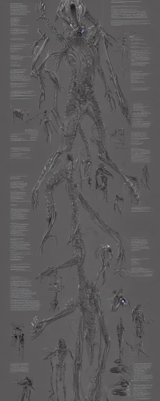 Image similar to schematic diagram of alien boss, biology, book, page, detailed, cross section, trending on artstation, cgsociety, Ralph McQuarrie and Greg Rutkowski
