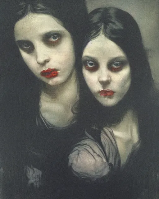 Prompt: a beautiful and eerie baroque painting of two beautiful but creepy siblings wearing black t - shirts in layers of fear, with haunted eyes and dark hair, 1 9 7 0 s, seventies, wallpaper, a little blood, morning light showing injuries, delicate embellishments, painterly, offset printing technique, by brom, robert henri, walter popp