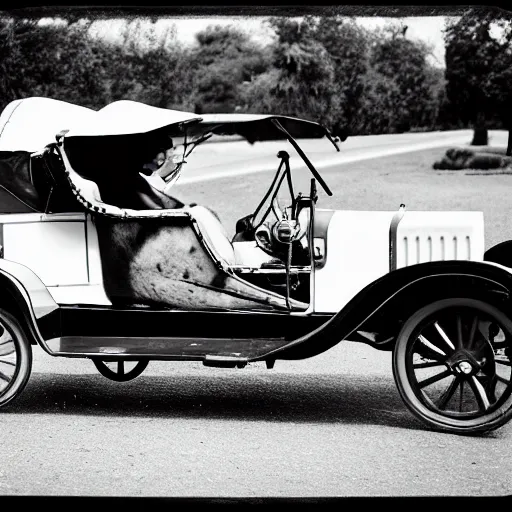 Image similar to a rabbit driving a model t ford, black and white photograph