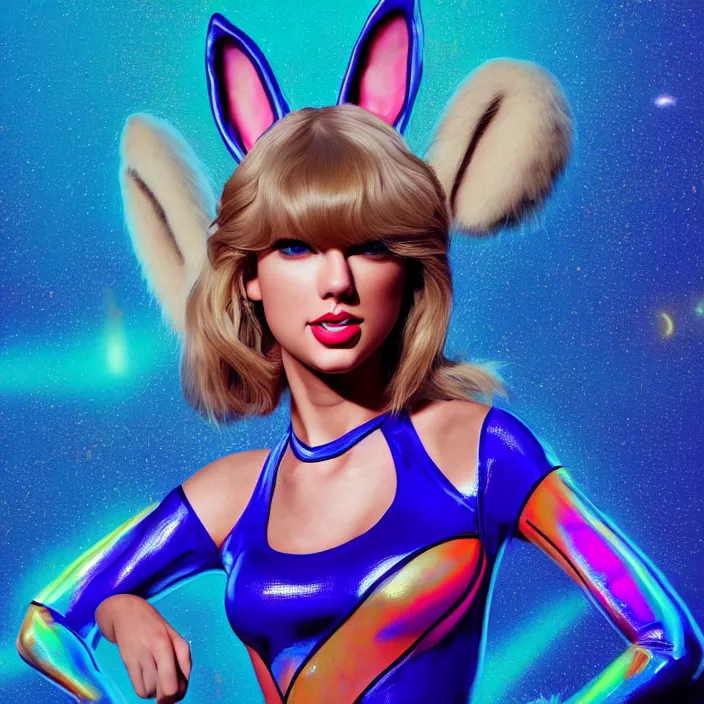 Image similar to portrait of Taylor Swift as LOLA BUNNY in SPACE JAM. HD, 4K. intricate abstract. intricate artwork. by Tooth Wu, wlop, beeple, dan mumford. octane render, trending on artstation, greg rutkowski very coherent symmetrical artwork. cinematic, hyper realism, high detail, octane render, 8k, iridescent accents, bunny ears