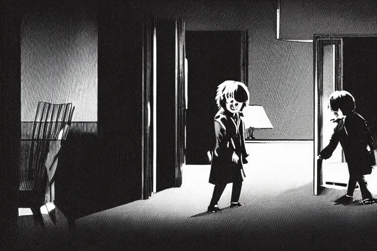 Image similar to a haruki suetsugu illustration of a scene from the shining ( 1 9 8 0 )