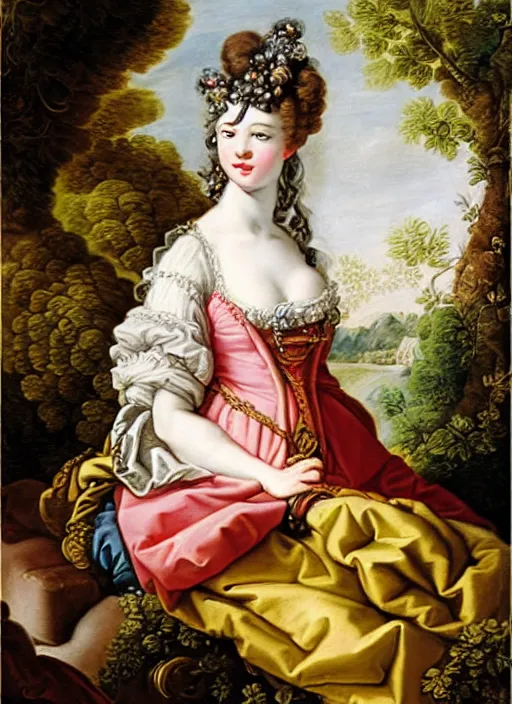 Prompt: portrait of young woman in renaissance dress and renaissance headdress, art by francois boucher