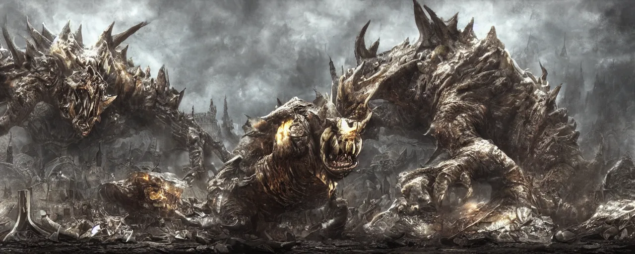 Image similar to concept art of bowser with huge horns and scales and talons in a ruined kingdom, resident evil, horror, occult, terror, mist, volumetric render, digital painting, detailed painting