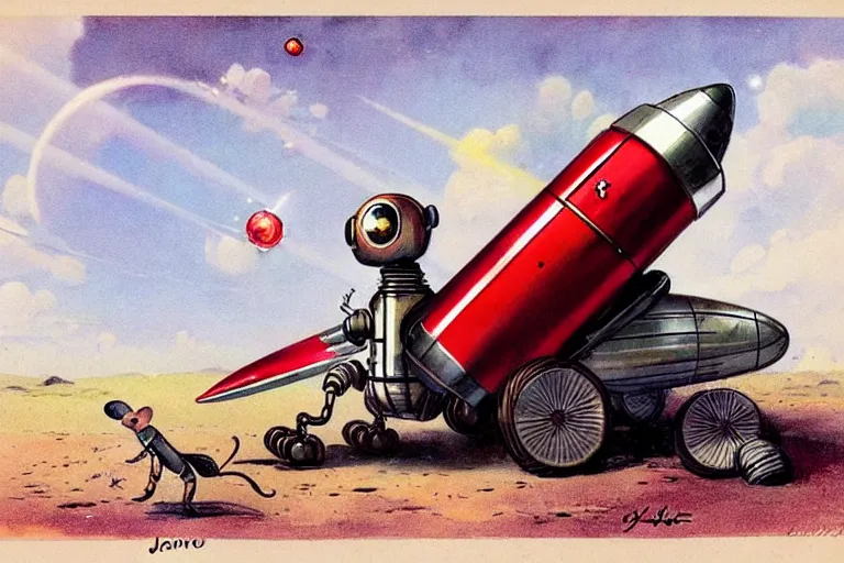 Image similar to adventurer. 1 9 5 0 s retro future robot android mouse rv rocket sled robot. muted colors.. by jean baptiste monge. chrome red