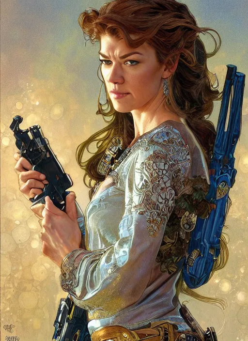 Image similar to Adrianne Palicki as a beautiful young woman holding a pistol, fantasy, intricate, elegant, highly detailed, centered, digital painting, artstation, concept art, smooth, sharp focus, illustration, art by artgerm and donato giancola and alphonse mucha