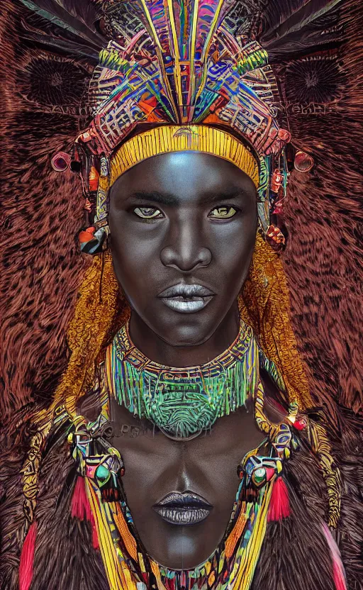 Prompt: upper half portrait of retro futuristic african tribal chief - embellished with vegetation and iridescent crystals, art by katsuhiro otomo, highly detailed, digital painting, concept art, illustration, smooth sharp focus, intricate, symmetry, artstation, colourful,
